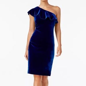 NWT Kensie Navy Blue One Shoulder Velvet Ruffle Dress Dance Semi Formal Party